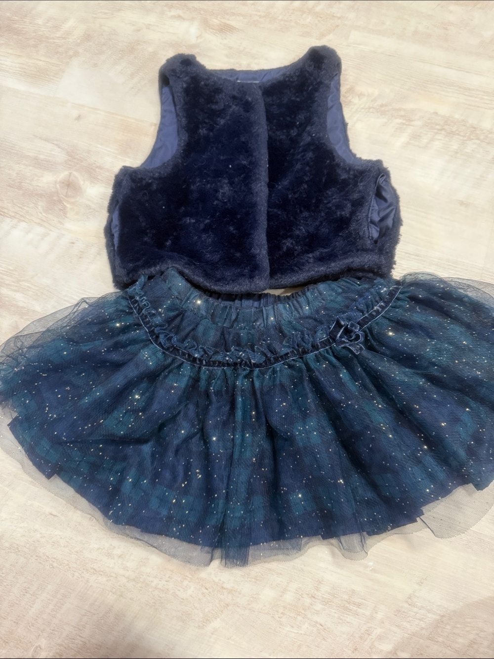 Tahari Navy Faux Fur Vest with Sparkle Navy Tulle Skirt Set